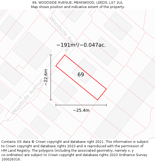 69, WOODSIDE AVENUE, MEANWOOD, LEEDS, LS7 2UL: Plot and title map