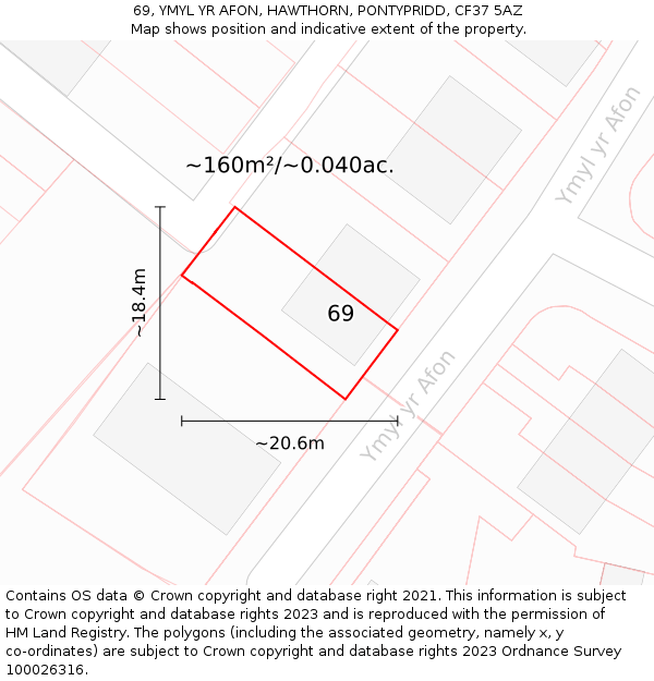 69, YMYL YR AFON, HAWTHORN, PONTYPRIDD, CF37 5AZ: Plot and title map