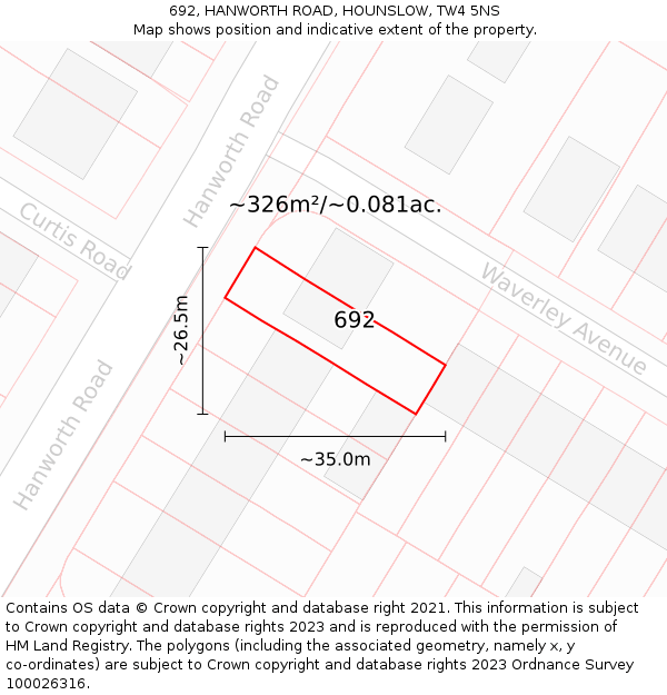692, HANWORTH ROAD, HOUNSLOW, TW4 5NS: Plot and title map