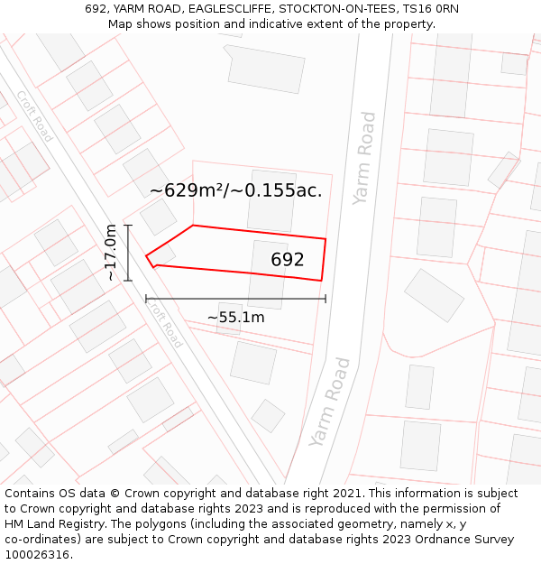 692, YARM ROAD, EAGLESCLIFFE, STOCKTON-ON-TEES, TS16 0RN: Plot and title map