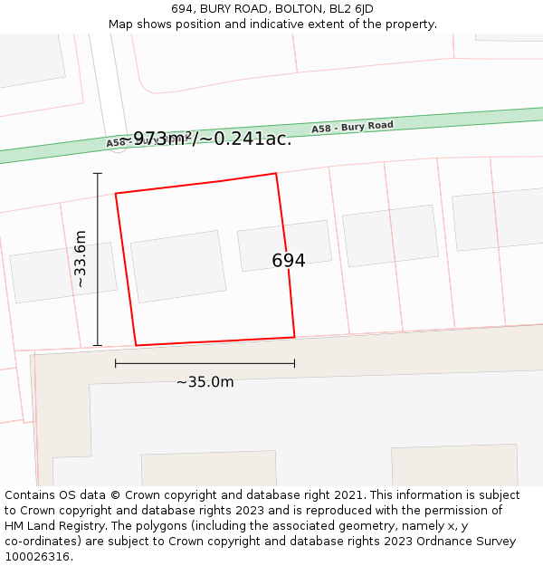694, BURY ROAD, BOLTON, BL2 6JD: Plot and title map