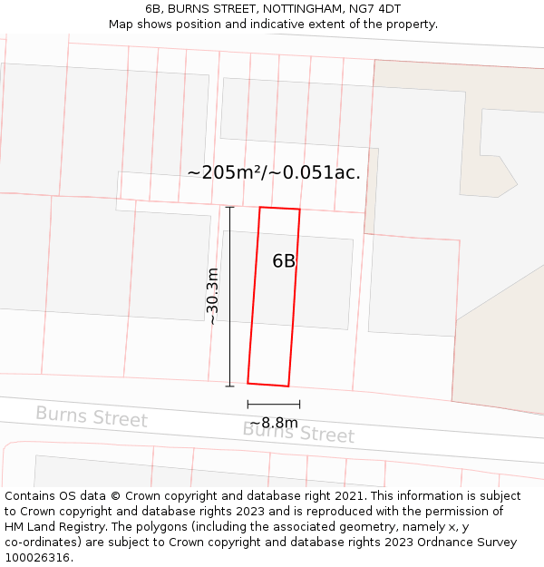 6B, BURNS STREET, NOTTINGHAM, NG7 4DT: Plot and title map