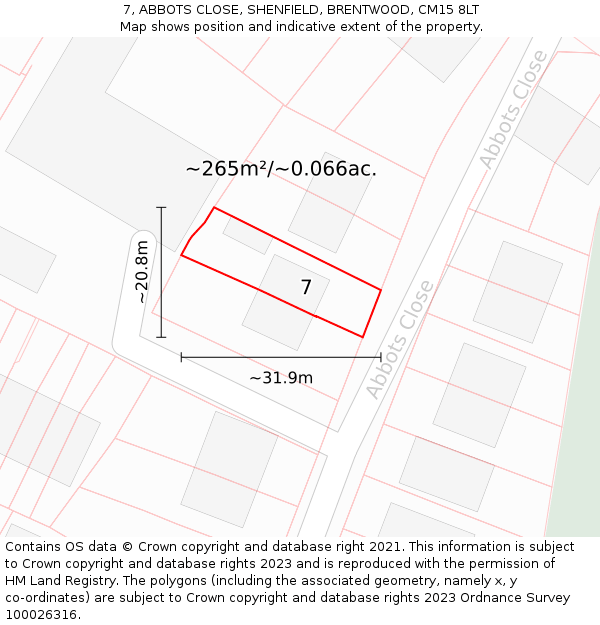7, ABBOTS CLOSE, SHENFIELD, BRENTWOOD, CM15 8LT: Plot and title map