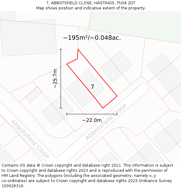 7, ABBOTSFIELD CLOSE, HASTINGS, TN34 2DT: Plot and title map