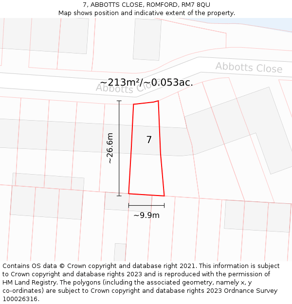7, ABBOTTS CLOSE, ROMFORD, RM7 8QU: Plot and title map