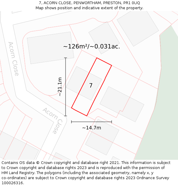 7, ACORN CLOSE, PENWORTHAM, PRESTON, PR1 0UQ: Plot and title map