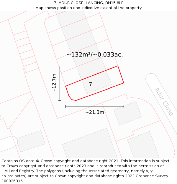 7, ADUR CLOSE, LANCING, BN15 8LP: Plot and title map