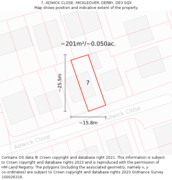 7, ADWICK CLOSE, MICKLEOVER, DERBY, DE3 0QX: Plot and title map