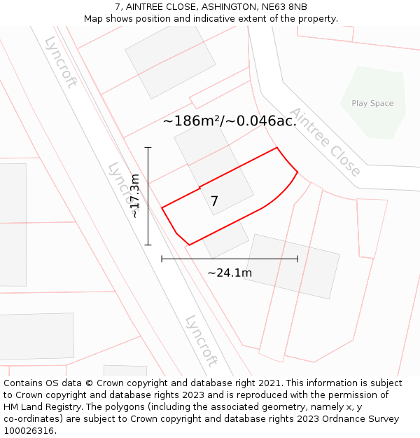 7, AINTREE CLOSE, ASHINGTON, NE63 8NB: Plot and title map