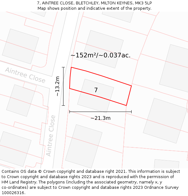 7, AINTREE CLOSE, BLETCHLEY, MILTON KEYNES, MK3 5LP: Plot and title map