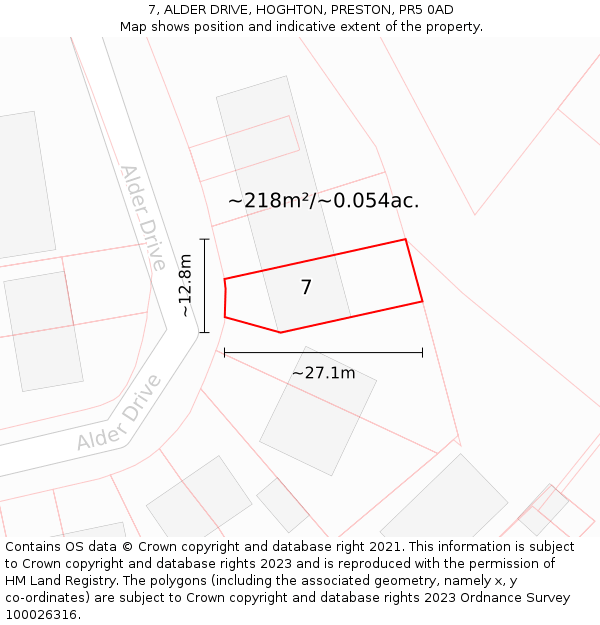 7, ALDER DRIVE, HOGHTON, PRESTON, PR5 0AD: Plot and title map