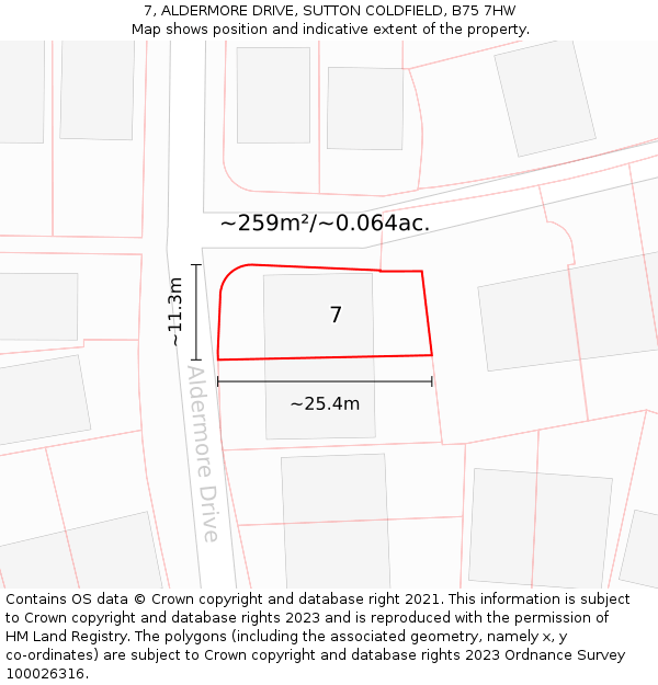 7, ALDERMORE DRIVE, SUTTON COLDFIELD, B75 7HW: Plot and title map