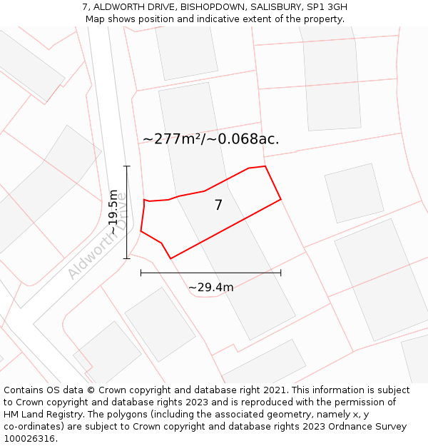 7, ALDWORTH DRIVE, BISHOPDOWN, SALISBURY, SP1 3GH: Plot and title map