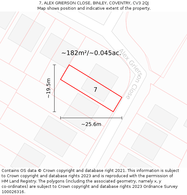 7, ALEX GRIERSON CLOSE, BINLEY, COVENTRY, CV3 2QJ: Plot and title map