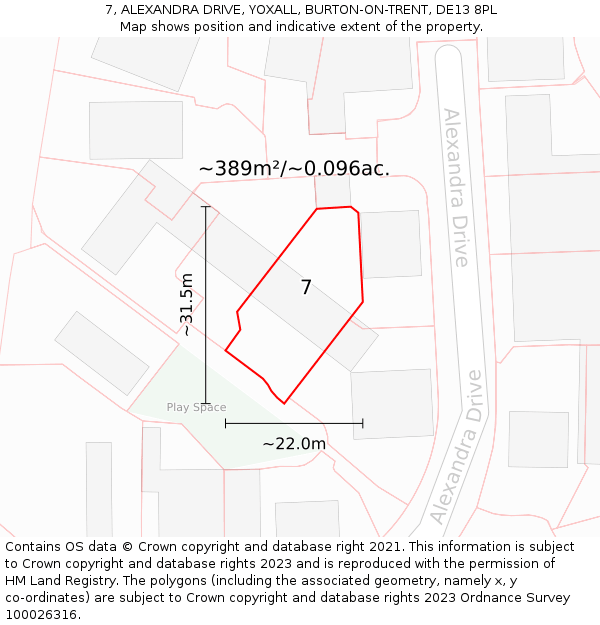 7, ALEXANDRA DRIVE, YOXALL, BURTON-ON-TRENT, DE13 8PL: Plot and title map