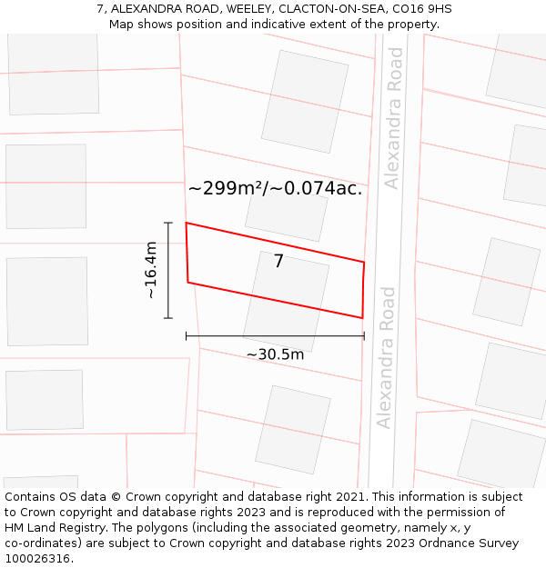 7, ALEXANDRA ROAD, WEELEY, CLACTON-ON-SEA, CO16 9HS: Plot and title map