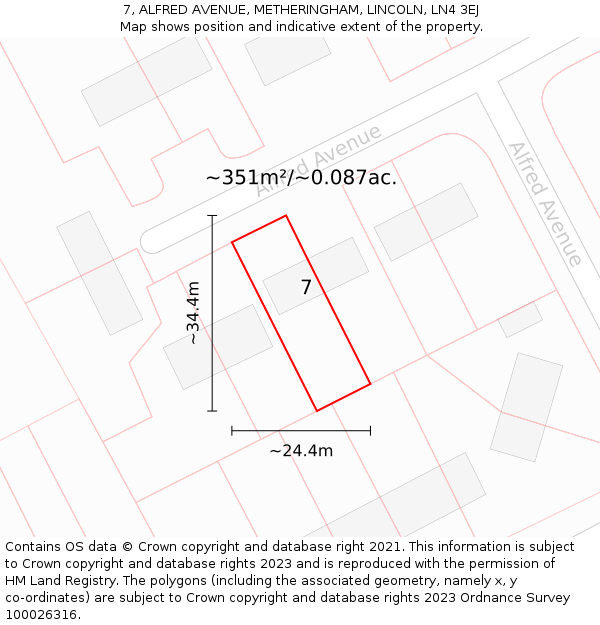 7, ALFRED AVENUE, METHERINGHAM, LINCOLN, LN4 3EJ: Plot and title map