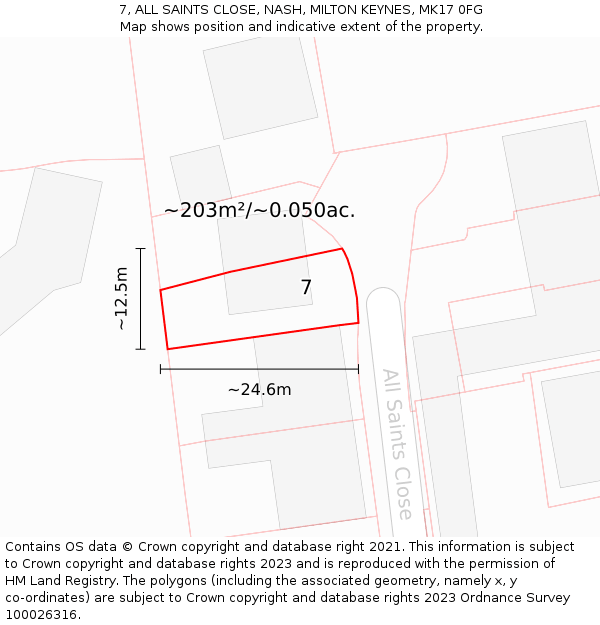 7, ALL SAINTS CLOSE, NASH, MILTON KEYNES, MK17 0FG: Plot and title map