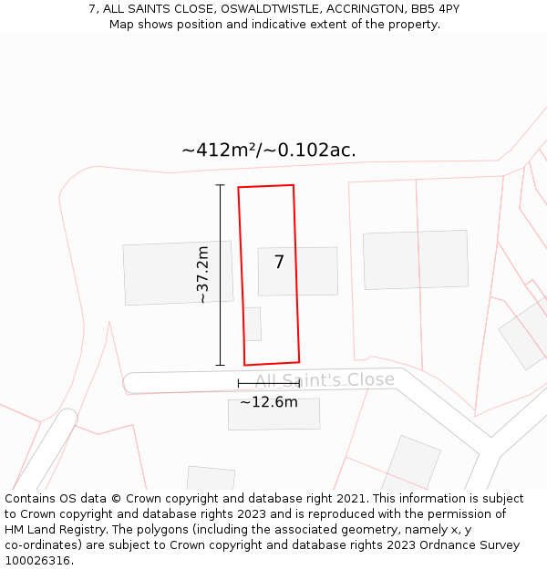 7, ALL SAINTS CLOSE, OSWALDTWISTLE, ACCRINGTON, BB5 4PY: Plot and title map