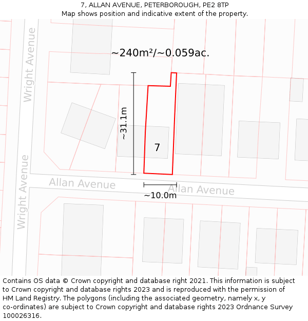 7, ALLAN AVENUE, PETERBOROUGH, PE2 8TP: Plot and title map