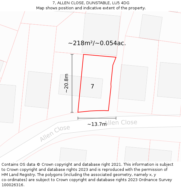 7, ALLEN CLOSE, DUNSTABLE, LU5 4DG: Plot and title map
