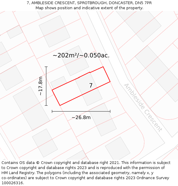 7, AMBLESIDE CRESCENT, SPROTBROUGH, DONCASTER, DN5 7PR: Plot and title map
