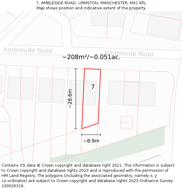 7, AMBLESIDE ROAD, URMSTON, MANCHESTER, M41 6PL: Plot and title map