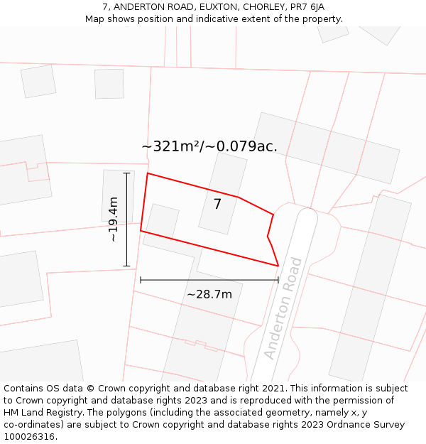 7, ANDERTON ROAD, EUXTON, CHORLEY, PR7 6JA: Plot and title map