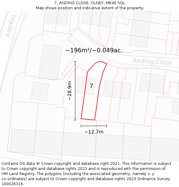 7, ANDING CLOSE, OLNEY, MK46 5QL: Plot and title map