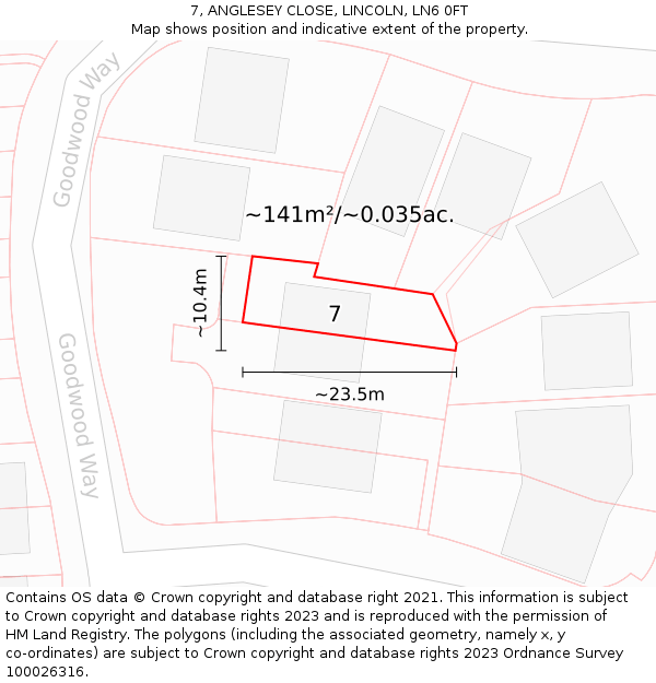 7, ANGLESEY CLOSE, LINCOLN, LN6 0FT: Plot and title map