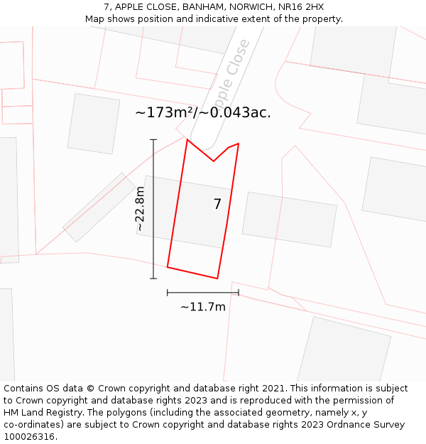 7, APPLE CLOSE, BANHAM, NORWICH, NR16 2HX: Plot and title map