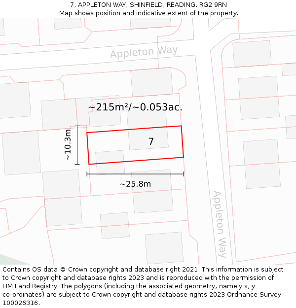 7, APPLETON WAY, SHINFIELD, READING, RG2 9RN: Plot and title map