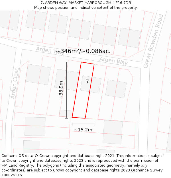 7, ARDEN WAY, MARKET HARBOROUGH, LE16 7DB: Plot and title map