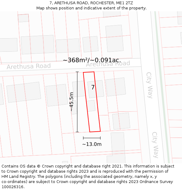 7, ARETHUSA ROAD, ROCHESTER, ME1 2TZ: Plot and title map