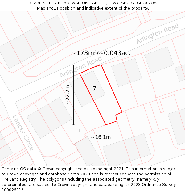 7, ARLINGTON ROAD, WALTON CARDIFF, TEWKESBURY, GL20 7QA: Plot and title map