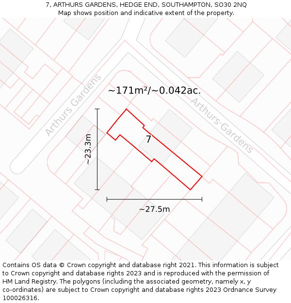 7, ARTHURS GARDENS, HEDGE END, SOUTHAMPTON, SO30 2NQ: Plot and title map