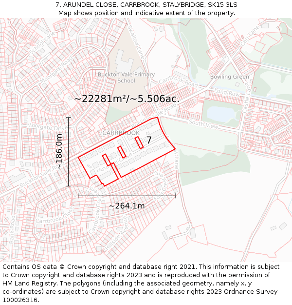 7, ARUNDEL CLOSE, CARRBROOK, STALYBRIDGE, SK15 3LS: Plot and title map