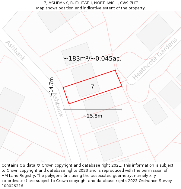 7, ASHBANK, RUDHEATH, NORTHWICH, CW9 7HZ: Plot and title map
