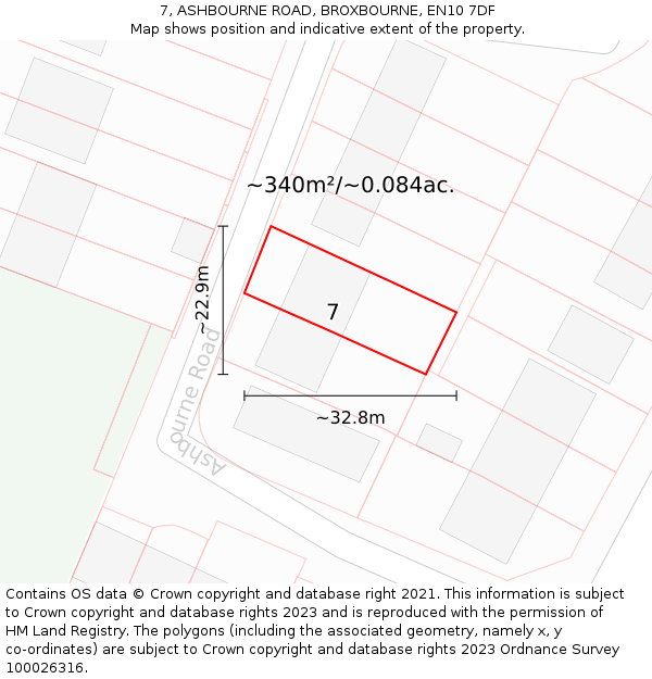 7, ASHBOURNE ROAD, BROXBOURNE, EN10 7DF: Plot and title map