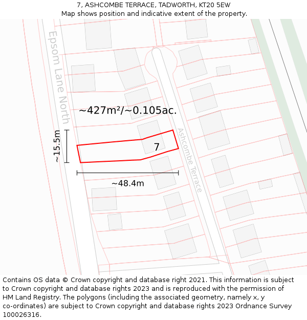 7, ASHCOMBE TERRACE, TADWORTH, KT20 5EW: Plot and title map