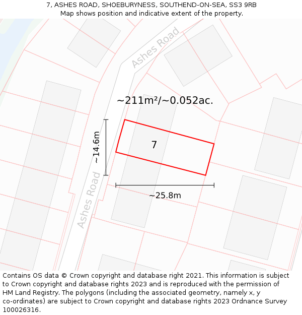 7, ASHES ROAD, SHOEBURYNESS, SOUTHEND-ON-SEA, SS3 9RB: Plot and title map