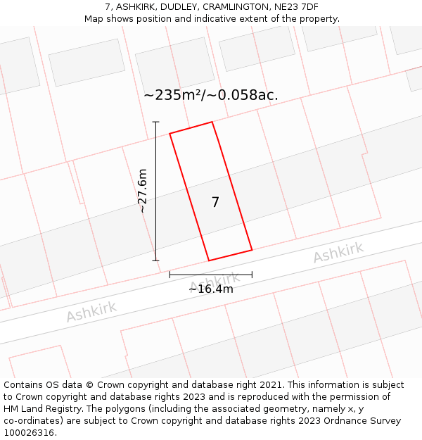 7, ASHKIRK, DUDLEY, CRAMLINGTON, NE23 7DF: Plot and title map