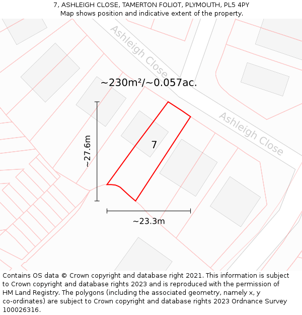 7, ASHLEIGH CLOSE, TAMERTON FOLIOT, PLYMOUTH, PL5 4PY: Plot and title map