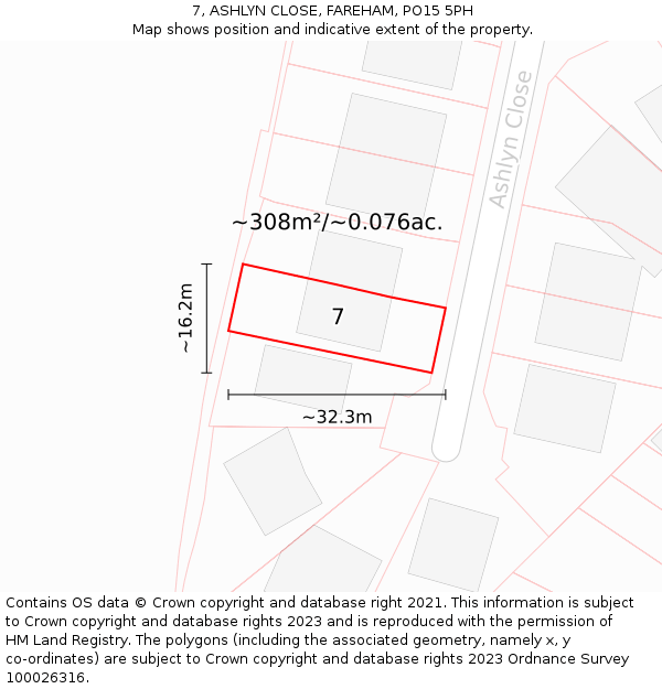 7, ASHLYN CLOSE, FAREHAM, PO15 5PH: Plot and title map