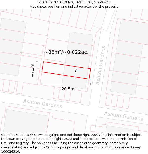 7, ASHTON GARDENS, EASTLEIGH, SO50 4DF: Plot and title map