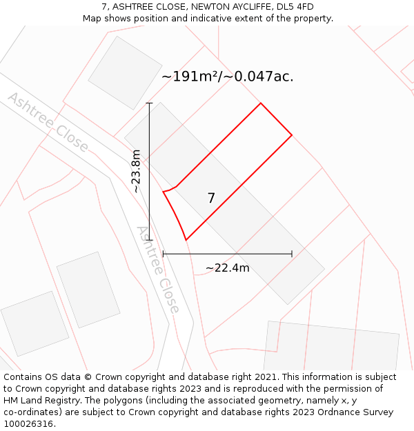7, ASHTREE CLOSE, NEWTON AYCLIFFE, DL5 4FD: Plot and title map