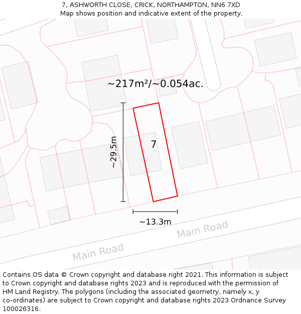7, ASHWORTH CLOSE, CRICK, NORTHAMPTON, NN6 7XD: Plot and title map
