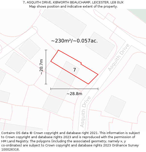 7, ASQUITH DRIVE, KIBWORTH BEAUCHAMP, LEICESTER, LE8 0UX: Plot and title map