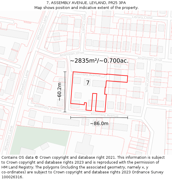 7, ASSEMBLY AVENUE, LEYLAND, PR25 3PA: Plot and title map