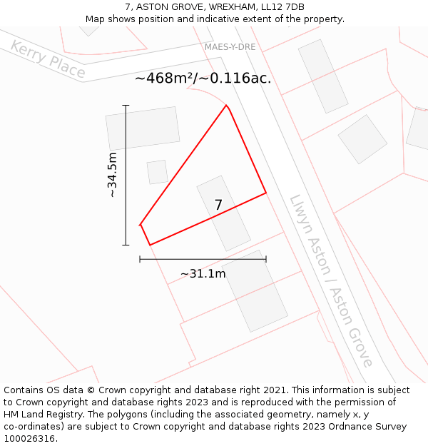 7, ASTON GROVE, WREXHAM, LL12 7DB: Plot and title map